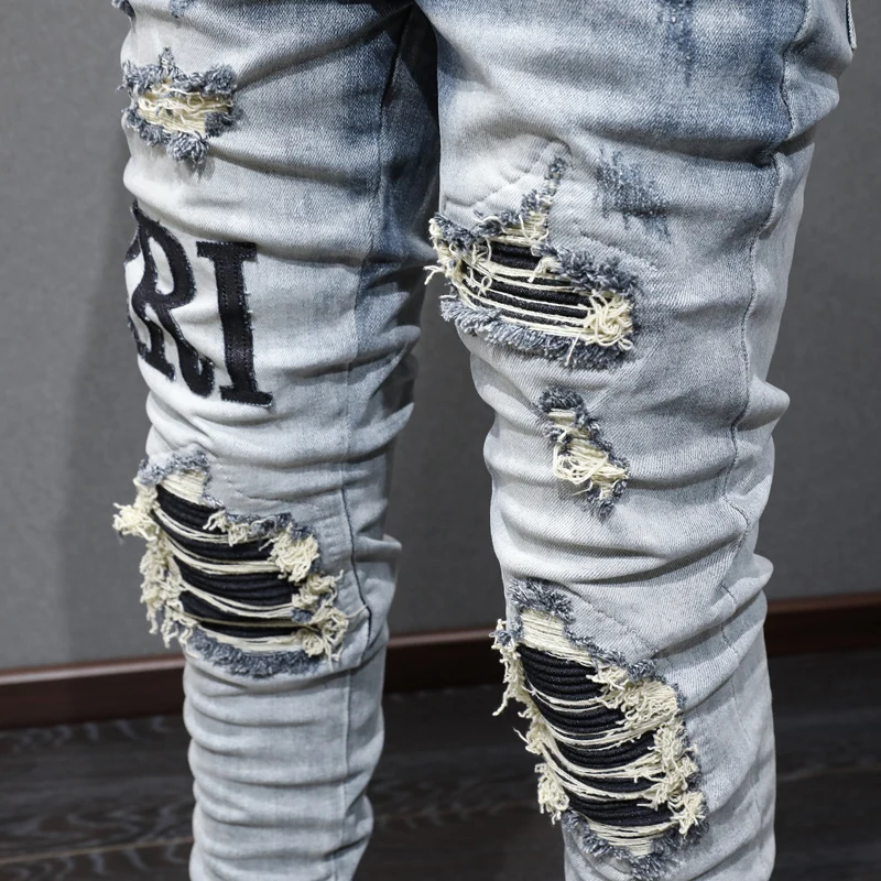 Fashionable new men's jeans with stretch, slim fit, ripped hole patch, retro blue jeans, high street hip-hop brand, high-quality