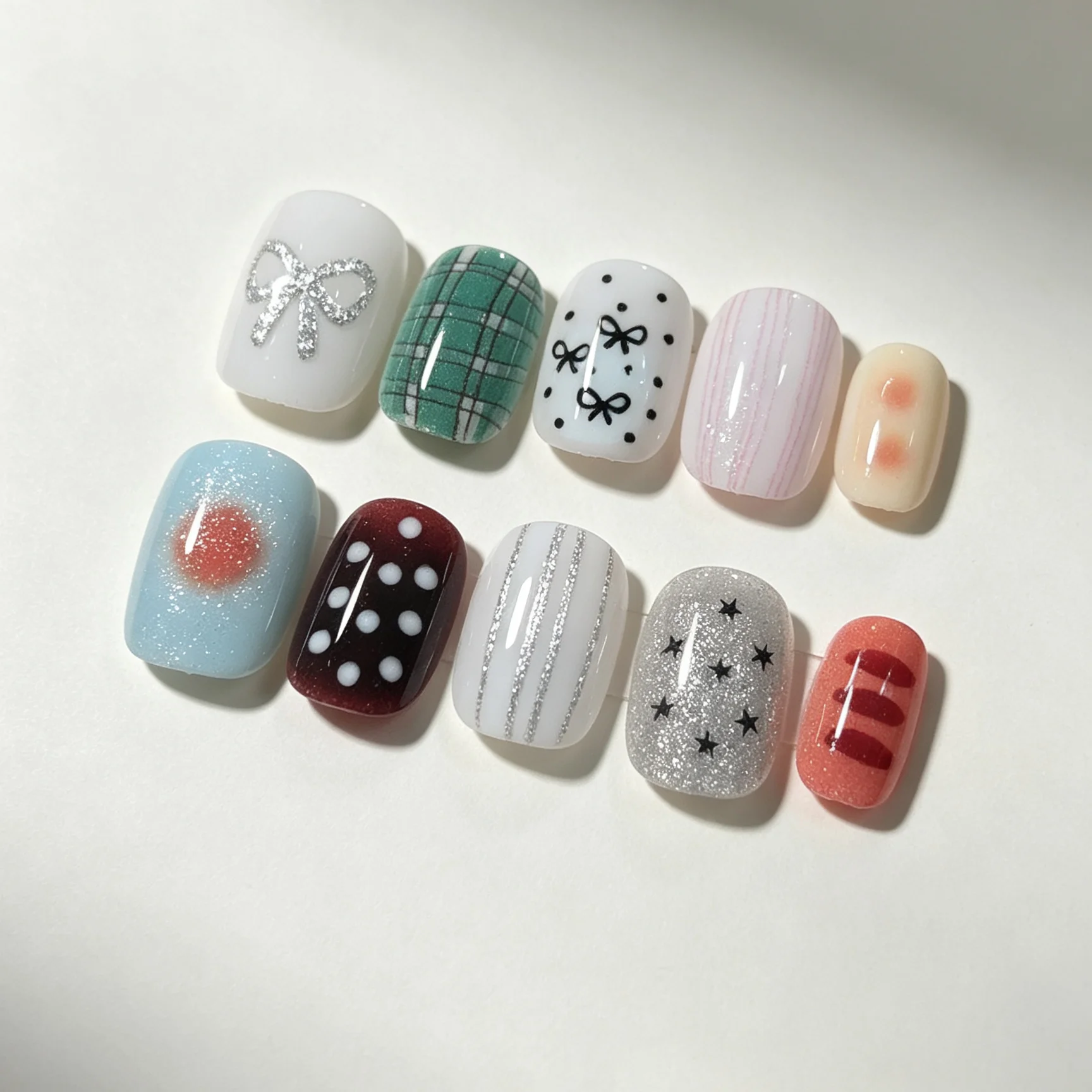 10 Hand Pressed Short Square Nails, Beautiful Fake Nails, Cute Colored Checkered Star Polka Dots, Suitable for Women to Use