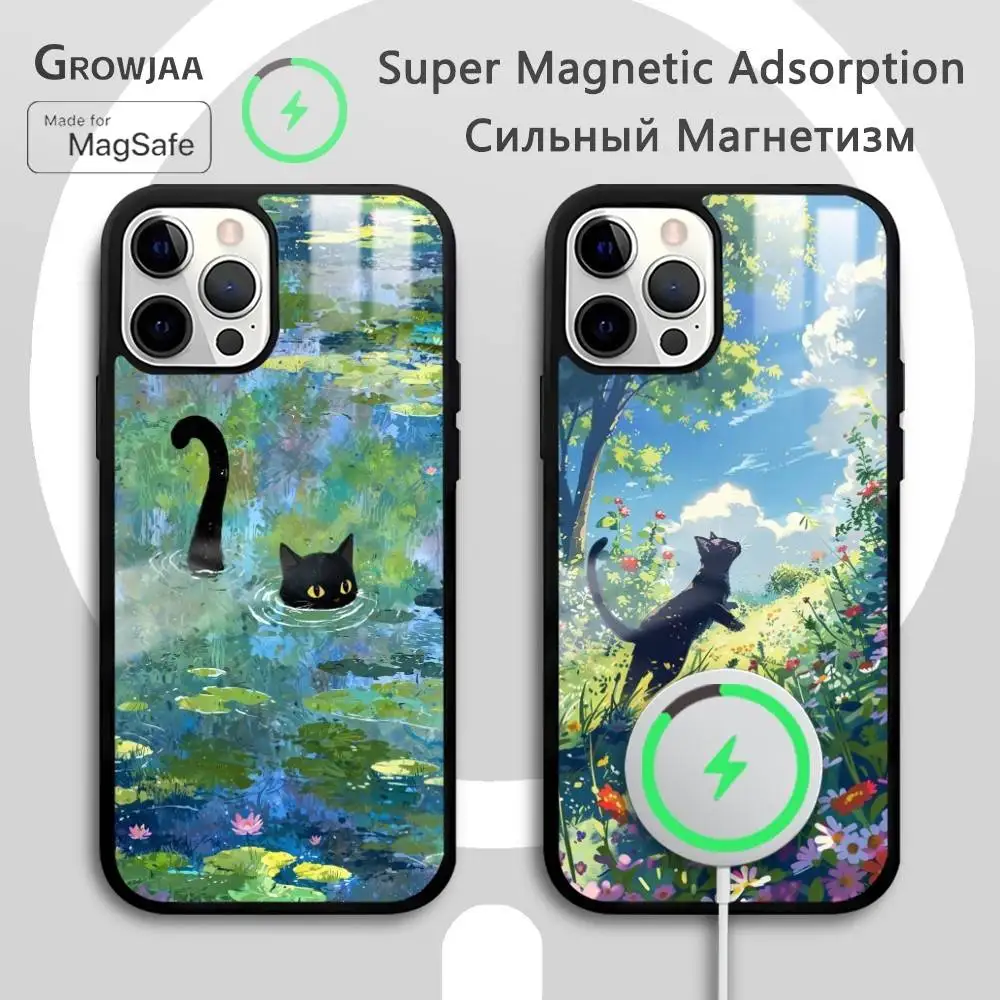 

Cute Black Cat Oil Art Ins Phone Case For IPhone 16 15 14 13 12 11 Pro Max Plus Mini Magsafe Mirror Wireless Magnetic Funda