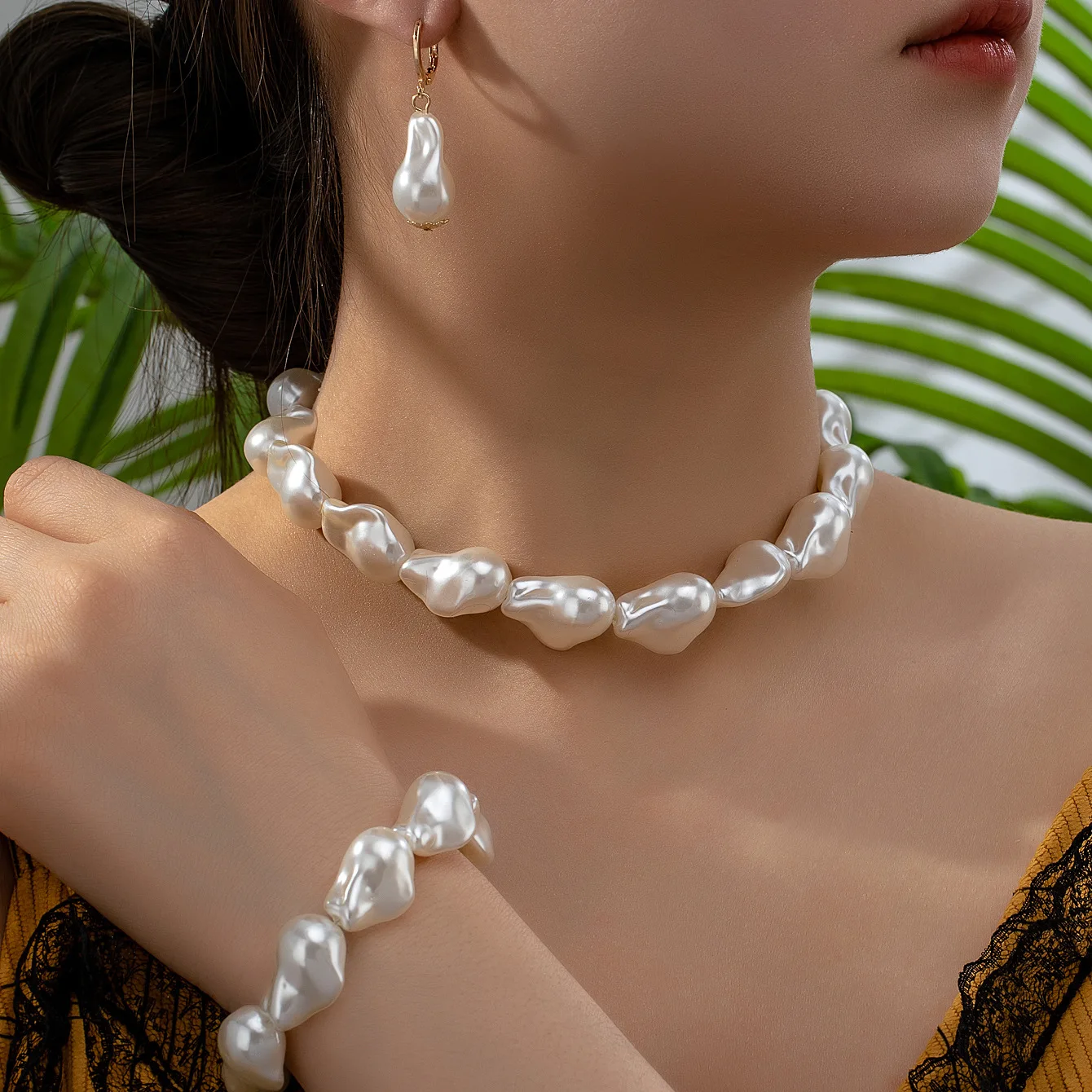 

3 Pcs/Set Retro Alien Irregular Pearls Necklace Bracelet Earring Jewelry Set for Women Classic Wedding Fashion Jewerly Sets
