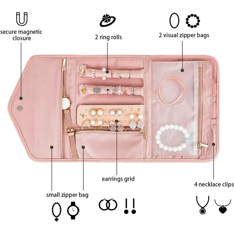 Pink Color Travel Portable Jewelry Organizer Roll Foldable Case for Women Versatile Bracelet Ring Necklaces Earrings Storage Bag