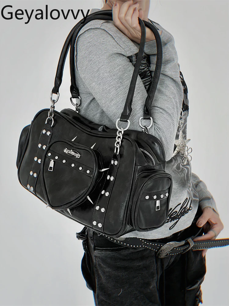 

Single Shoulder Bags for Women Y2k Original Design Autumn Winter Vintage Goth Style Hot Girl Rivet Heart Underarm Bag