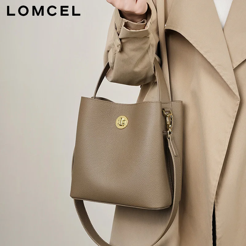 LOMCEL 34 New autumn-winter style handbag for women. Bucket bag made of genuine leather. Women's shoulder bag with slanted strap
