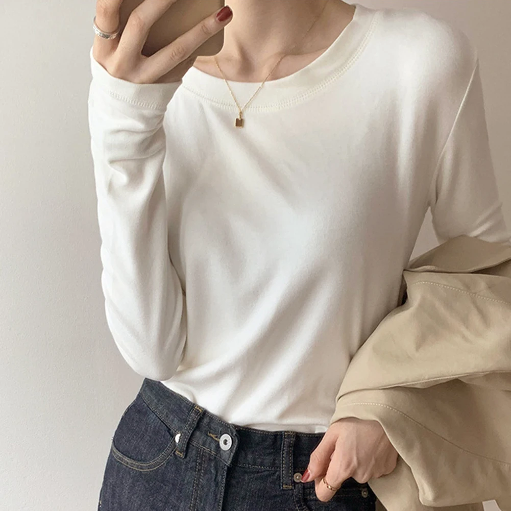 

Женский повседневный топ с длинным рукавом, однотонный, с круглым вырезом, полиэфирная ткань, удобный для весны, лета, осени и зимы