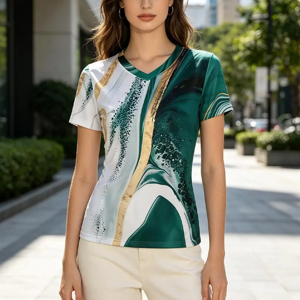 Women Marble 3D Print V-neck Short Sleeve T‑Shirt Fashion Elegant Slim Fit Casual Tee Summer Ladies Abstract Daily Wear Tops