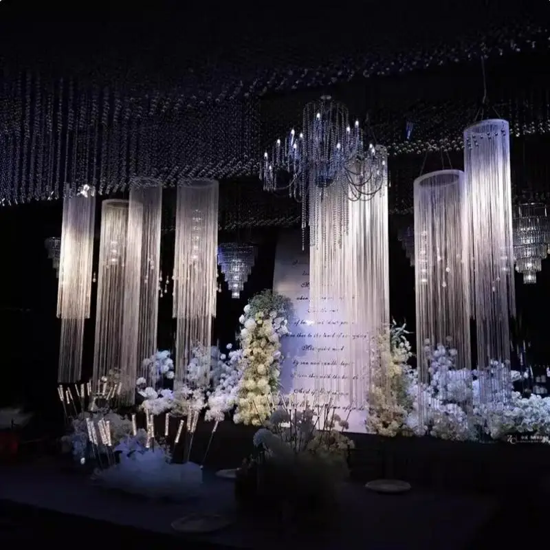 3PCS ホワイト暗号化ラインカーテン、結婚式場の背景、ステージ背景装飾、天井装飾、糸小道具、