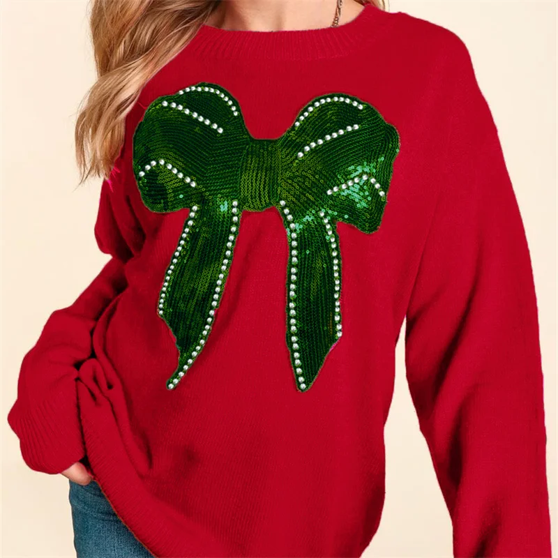 Women Bow Sequins Sweater Funny Graphic Oversized Pullover Top Cute Xmas Santa Crewneck Holiday Knitwear