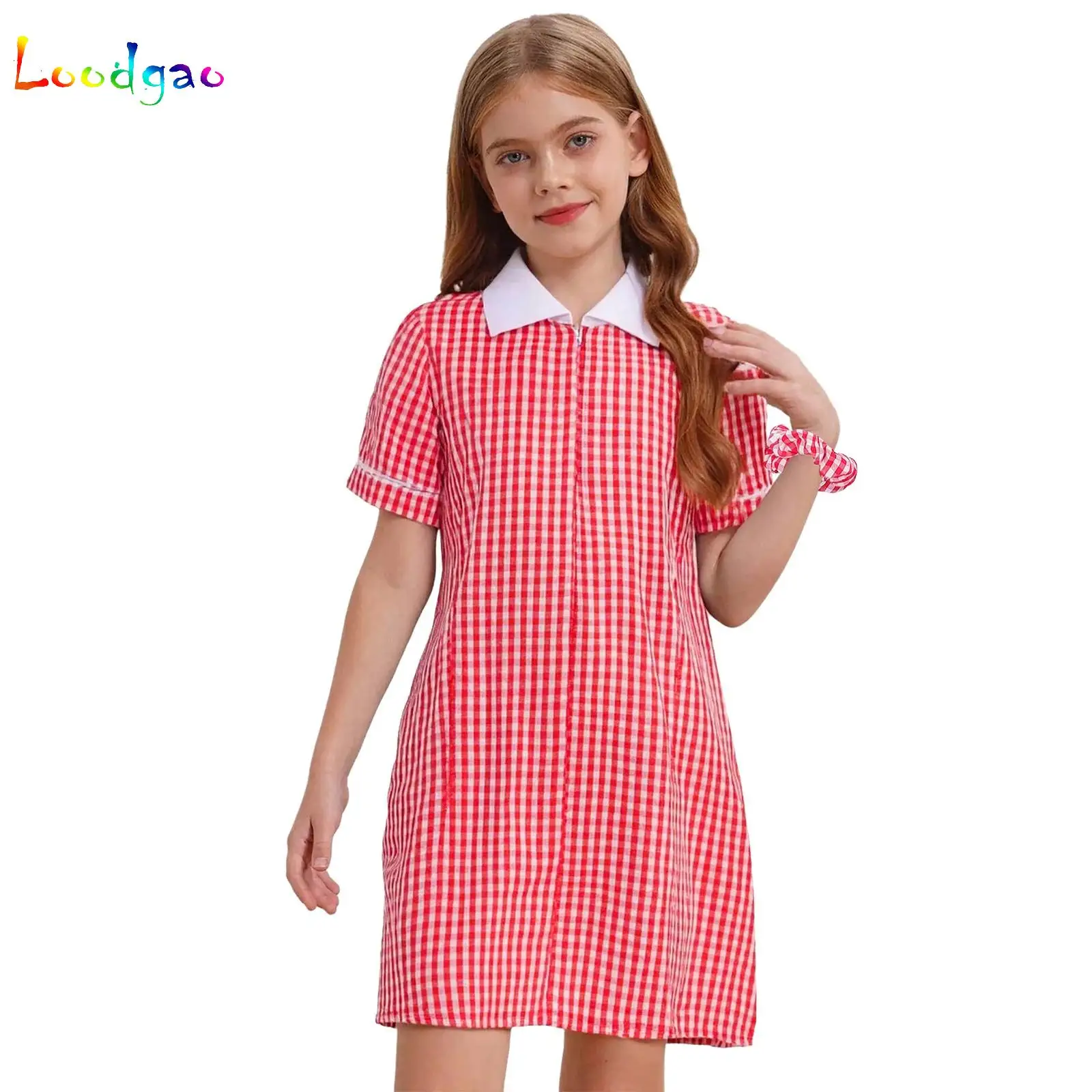 

Summer Girls Plaid Dress Mini Sundress Kids Fashion Short Sleeve A-Line Bohemian Beach Shirt School Uniform Dress with Hairband