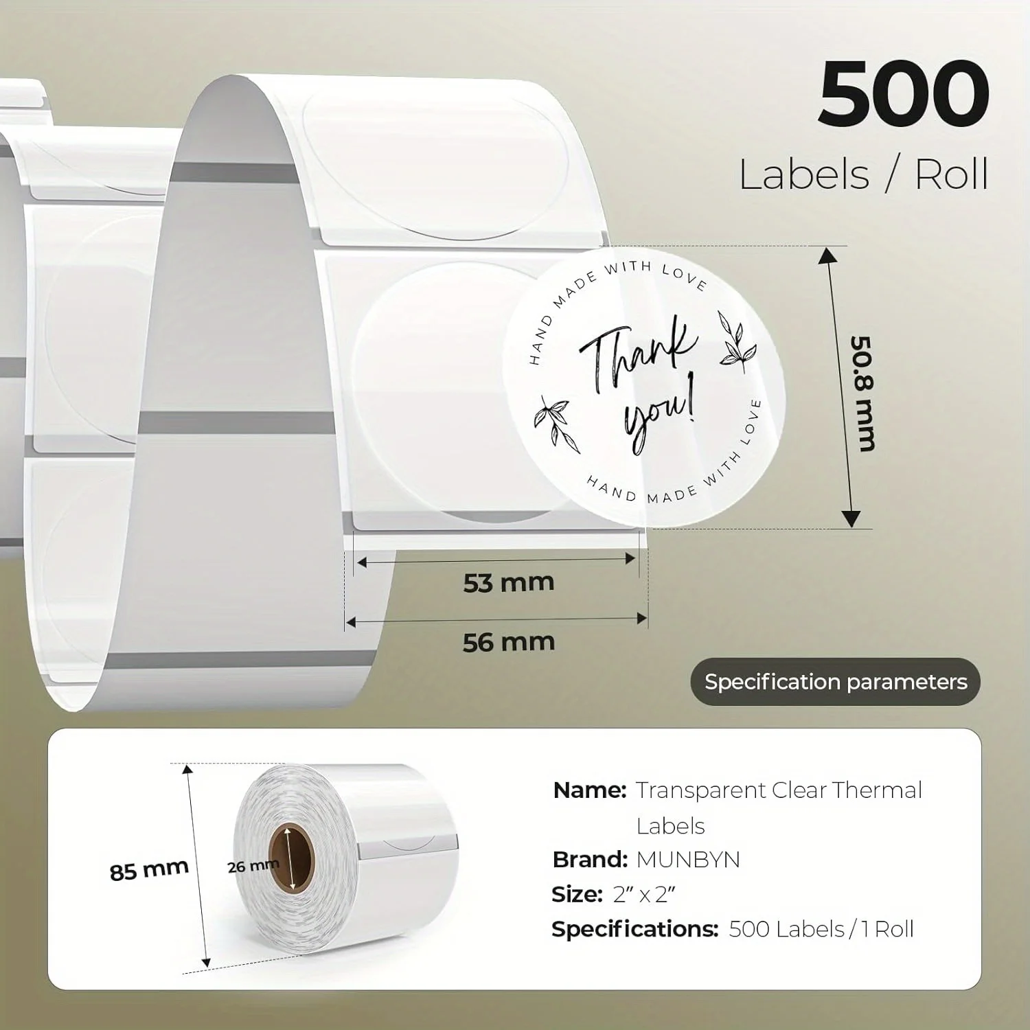 ملصقات حرارية مستديرة شفافة مقاس 50 × 50 مم (500 ورقة/1 لفة)، ملصقات حرارية مستديرة ذاتية اللصق، ملصقات لفة متعددة الاستخدامات
