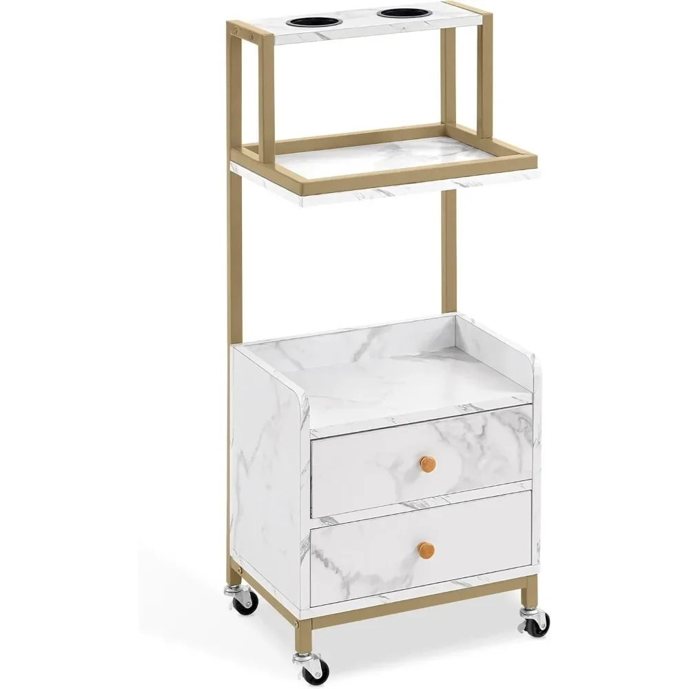 

Salon Trolley with Wheels Rolling Barber Cart with Drawers Marbled Board for Beauty Salon Metal Frame Tool Holders