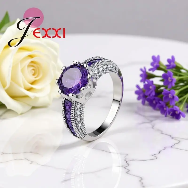 Charming 925 Sterling Silver Geometric Purple Crystal Zircon Rings for Women Girls Anniversary Party Jewelry Gifts Accessory
