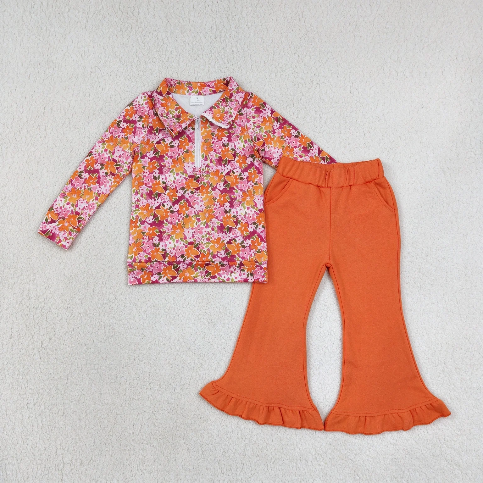 Wholesale Baby Girl Kids Long Sleeve Pullover Zipper Floral Shirt Children Set Toddler Pockets Ruffle Pants Girls Outfit Clothes