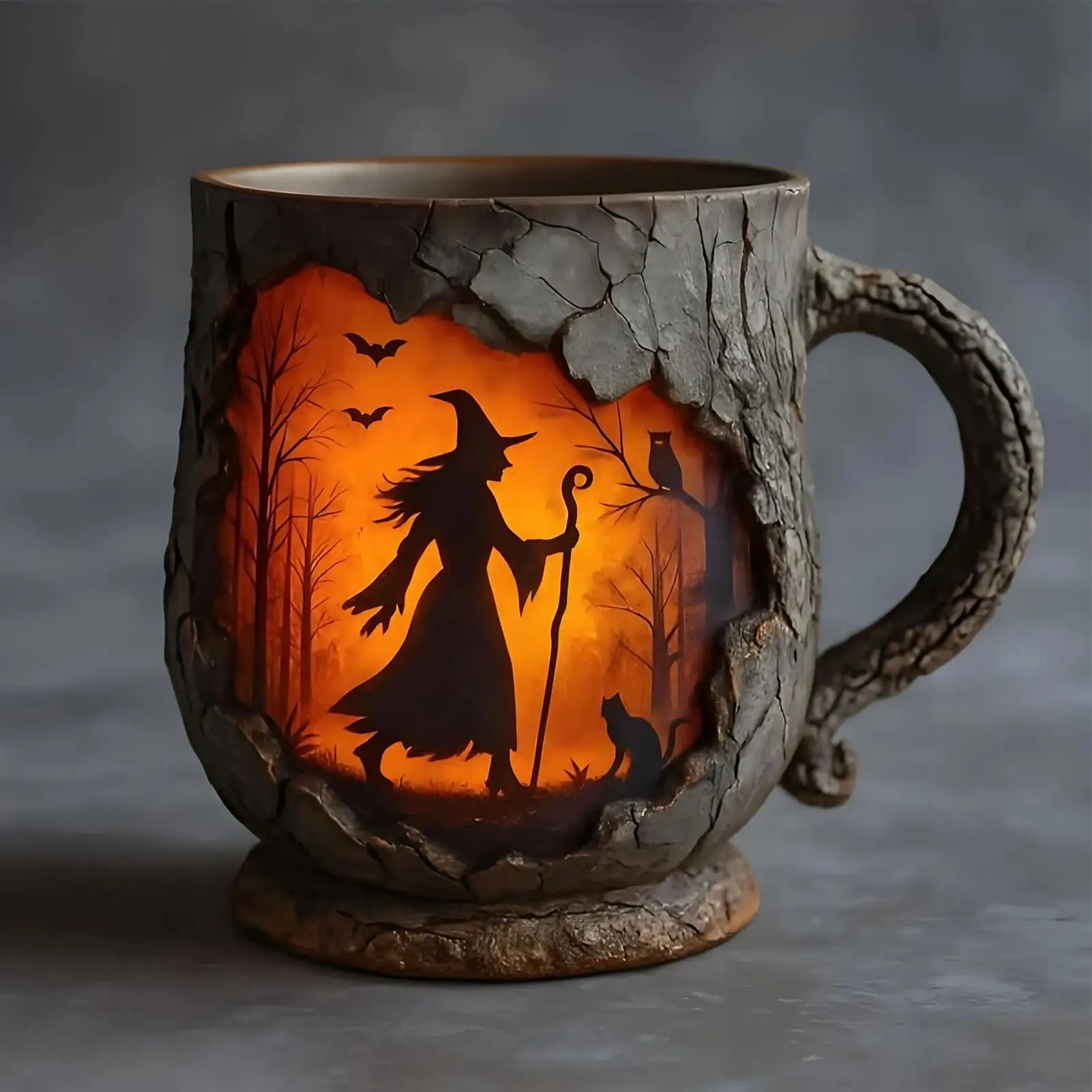 Funny Mug 386ml Witch Mug Witch With Fire Pattern 3D Tree Bark Texture Ergonomic Handle Cup For Friends Coworker Teacher