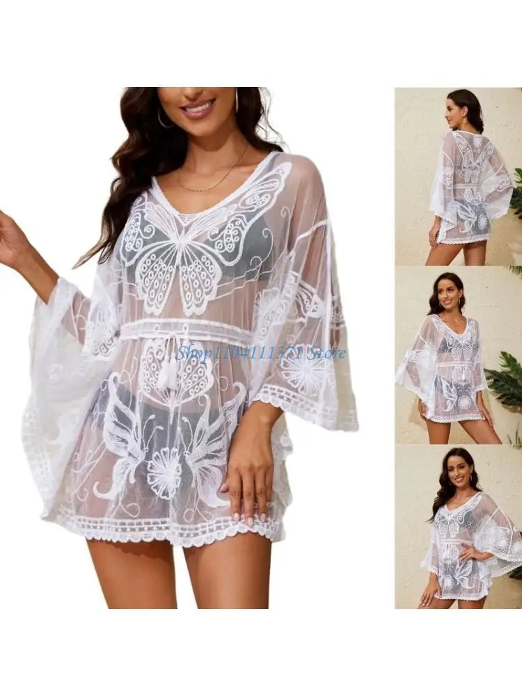 

P9FC сексуальное женское прозрачное сетчатое платье с v-образным вырезом и длинными рукавами, пляжные купальники, бикини,