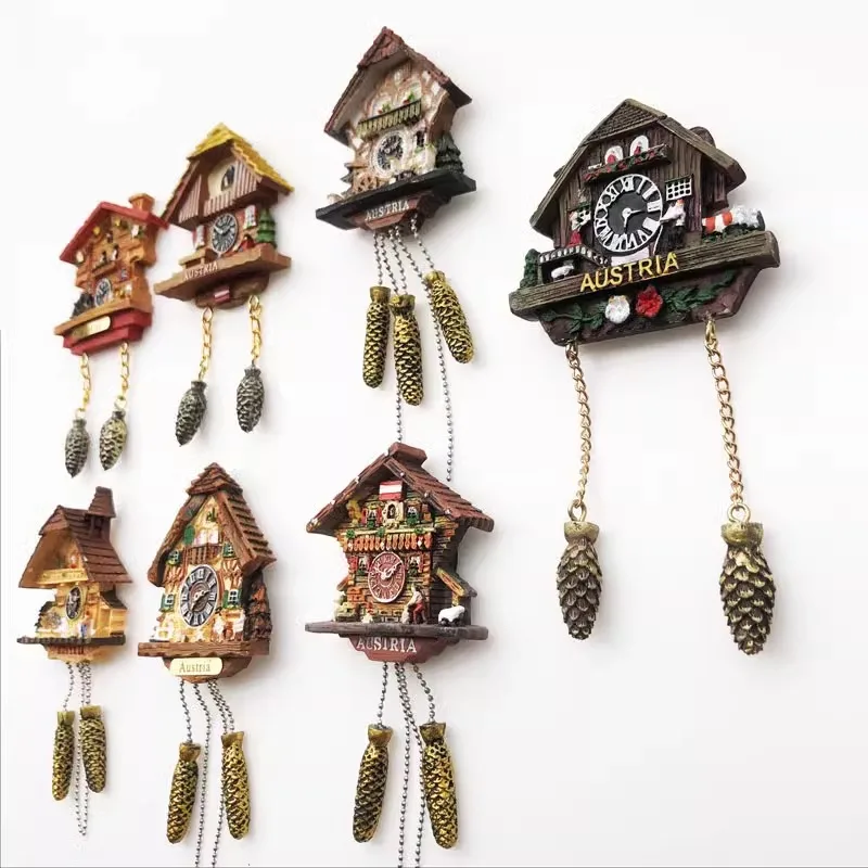 Austria local creative tourism commemorative decorative crafts 3D painted wooden house cuckoo clock magnet refrigerator sticker