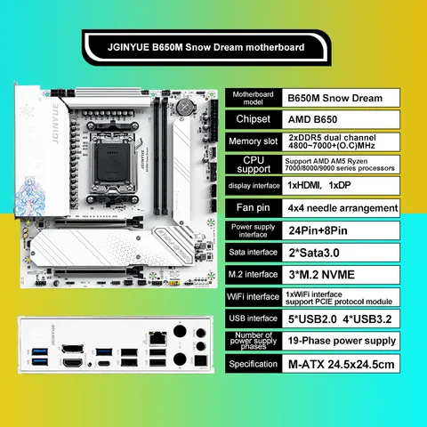 JGINYUE B650M Snow Dream AM5 DDR5 ARGB M-ATX Placa-mãe para jogos PCIe 4.0 × 4 M.2 para CPU 9700X/9900X/7800X3D jogos pc DIY
