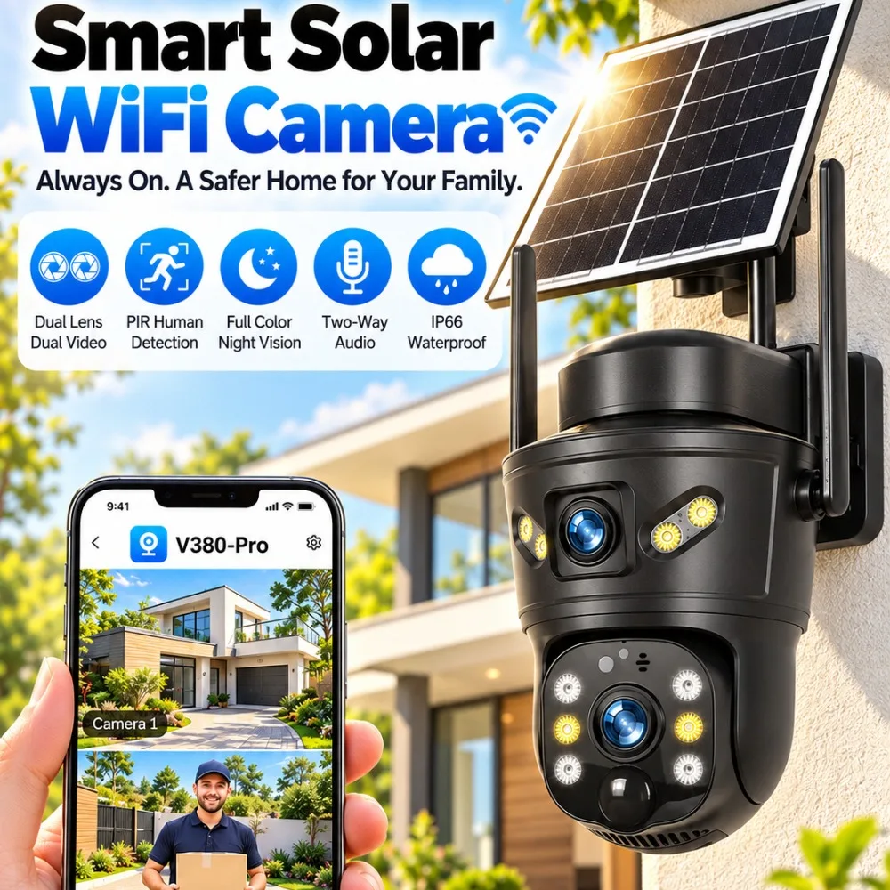 8MP WIFI Outdoor Solar Camera Dual Lens Battery CCTV PIR Night Vision IP66 Waterproof Security Surveillance Cameras Protection