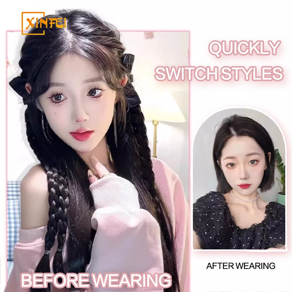 XINFEI เจ้าหญิงสไตล์หวาน Bow Hairpin-on วิกผมสังเคราะห์ Double Twists Braid จําลอง Headwear ผมหางม้า Extension