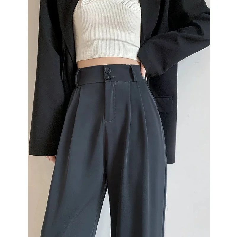 

Women's Black Korean Style Vintage Streetwear High Fashion Office Work Pants Buttons Wide Leg Trousers for Summer