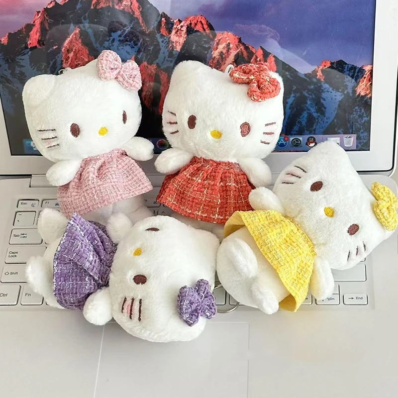 Hello Kitty Plush Doll Sanrio Fluffy Pendant Cute Kt Cat with Wings Schoolbag Hang Decor Stuffed Toys Keychain Kid Birthday Gift