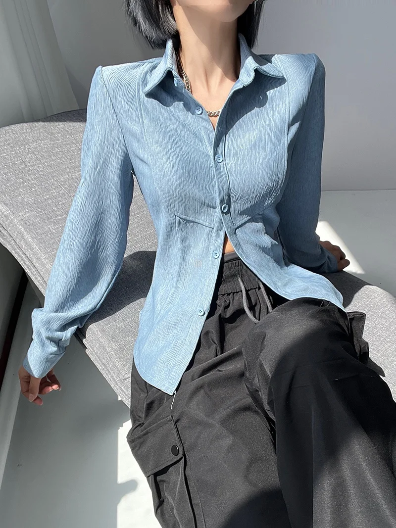 

Slim Fit Long Sleeve Shirt Women's Retro Collar Buttoned Waist Cinching Neck Pure Color Commute Style Arc Hem Top