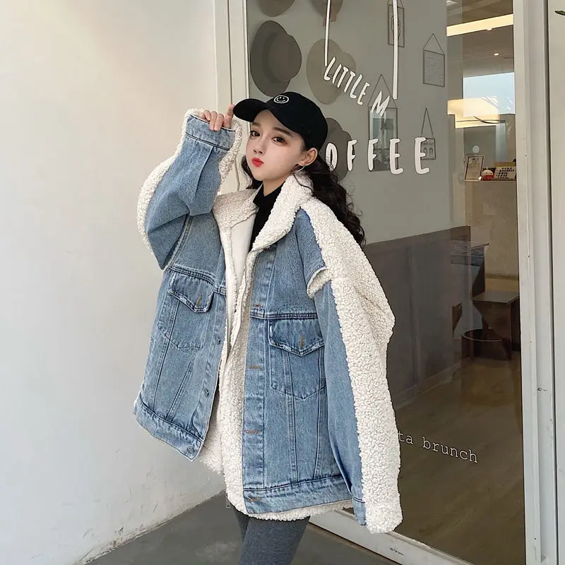 Cowboy Splicing Lamb Wool Jacket Women Outwear 2024 Autumn Winter New Korean Loose Leave Two Pieces Plus Velvet Warm Cotton Coat