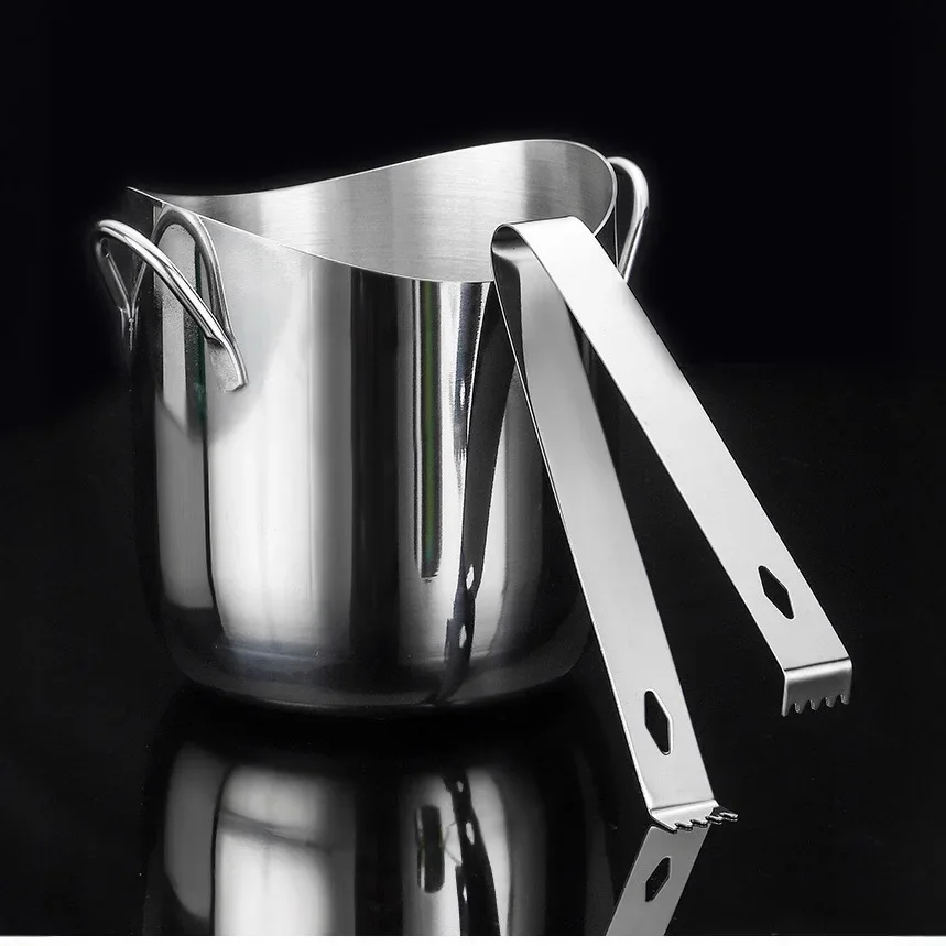 Extra Thick 304 Stainless Steel Ice Bucket Arc Mouth Champagne Barrel KTV Bar Ice Particle Bucket Double Ear Ice Bucket