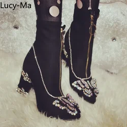 Womens Rhinestones Crystal Butterfly DIY Decor Pointy Toe Ankle Boots Block High Heels Stretchy Shoes Central Zip Black New 2024