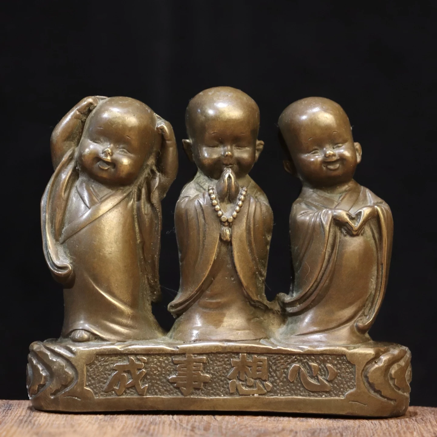 Old Brass Little Monk statue Three little novices May all your wishes come true Wenfang screen Worship Hall Town house