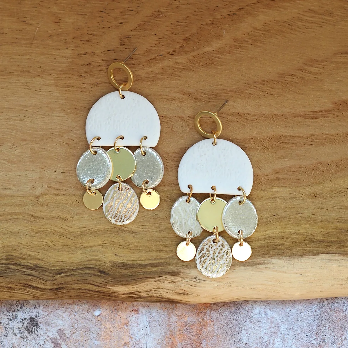 

Boho Geometric Polymer Clay Dangle Earrings for Women, Half Moon with Gold Discs, Lightweight Statement Fashion Jewelry Gift New