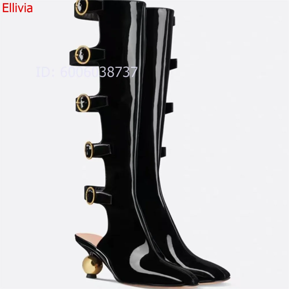 Women Patent Leather Knee High Boots Pointed Toe Ball Shape Heel Cutout Multi Buckle Strap Boots For Dress Occasion Daily Wear