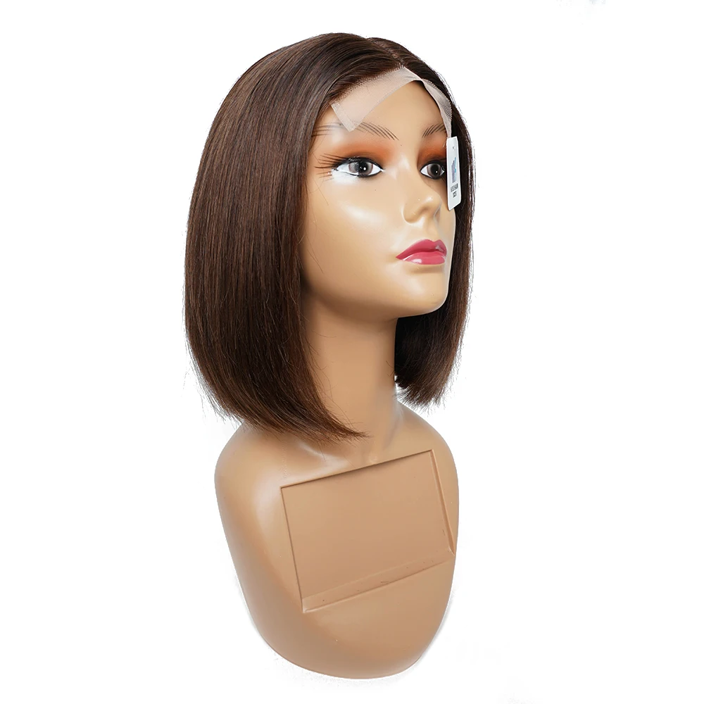 KissHair-curto Bob peruca, Remy indiano cabelo humano, reta extensão do cabelo, Front Lace, cor marrom escuro, #2, 4*4 perucas de renda