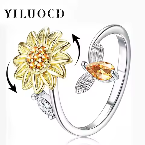 Chunky Silver Plated Spinning Fidget Rings for Women Cubic Zirconia Sunflower Bee Anxiety Ring Anti-stress Rotating Jewelry Gift