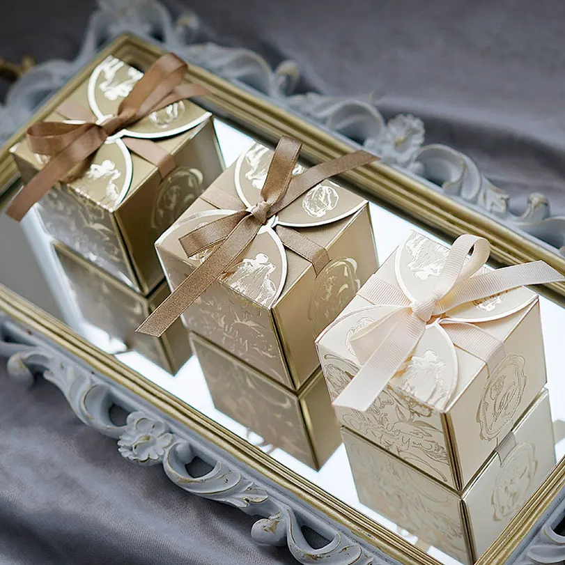 

Square Paper Gift Boxes with Ribbons, Wedding Favors Box, Bridal, Baby Shower, Birthday Party, Premium Silver Champagne