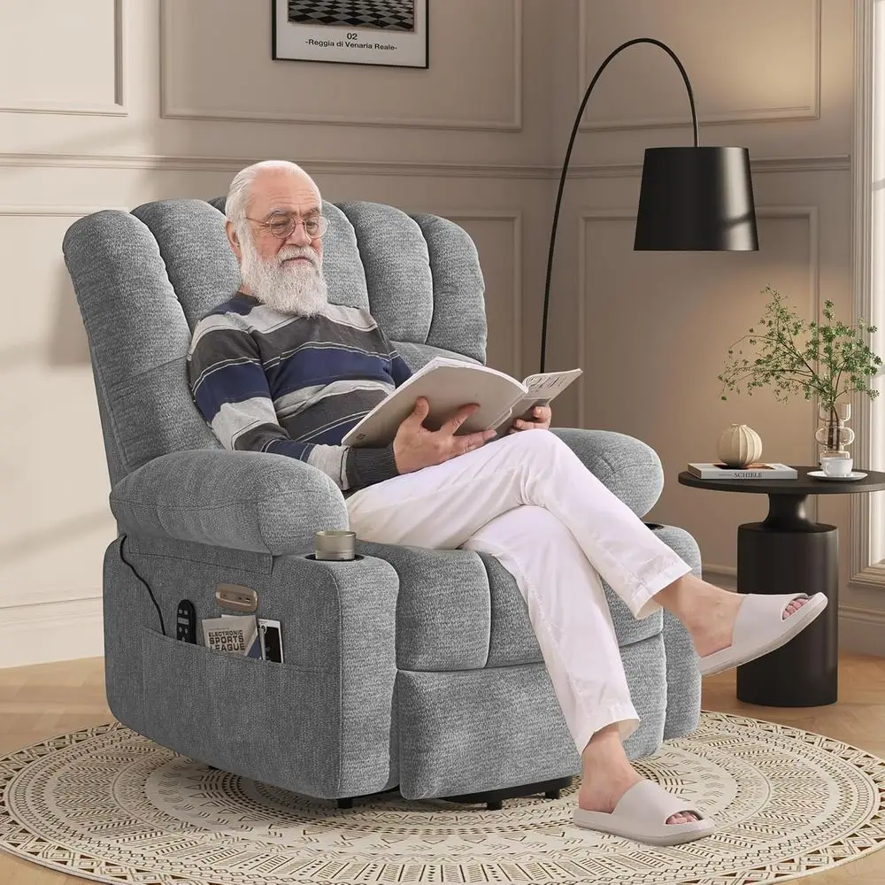 كرسي رفع تدليك كهربائي مع حرارة لكبار السن، مسند ظهر كبير من الشنيل، رمادي فاتح #6