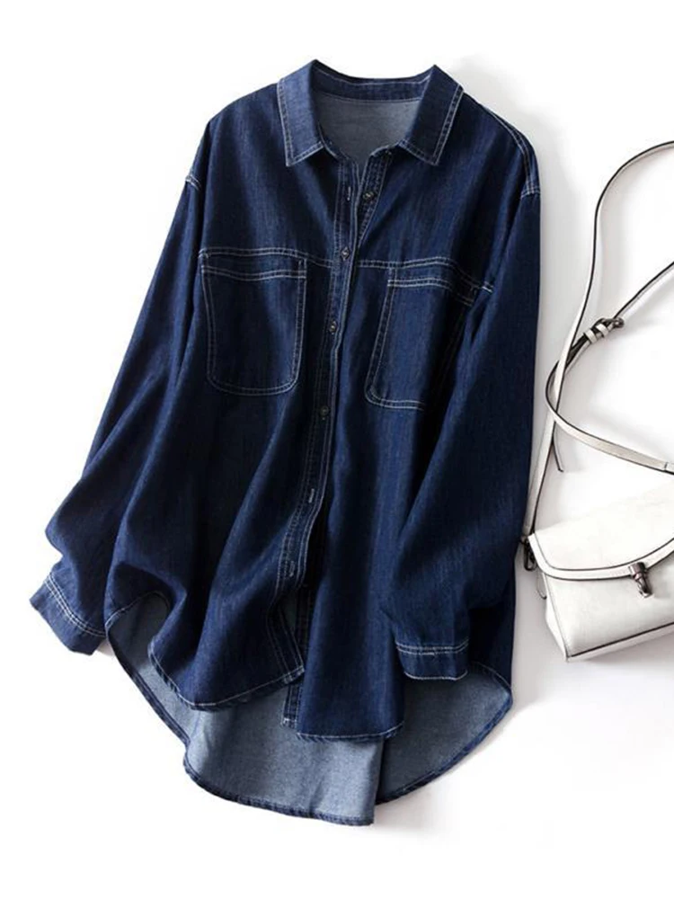 100% Cotton Women Denim Shirts Loose Vintage Designed Female Jeans Long Shirts Long Sleeve Blue Casual Streeetwear Tops