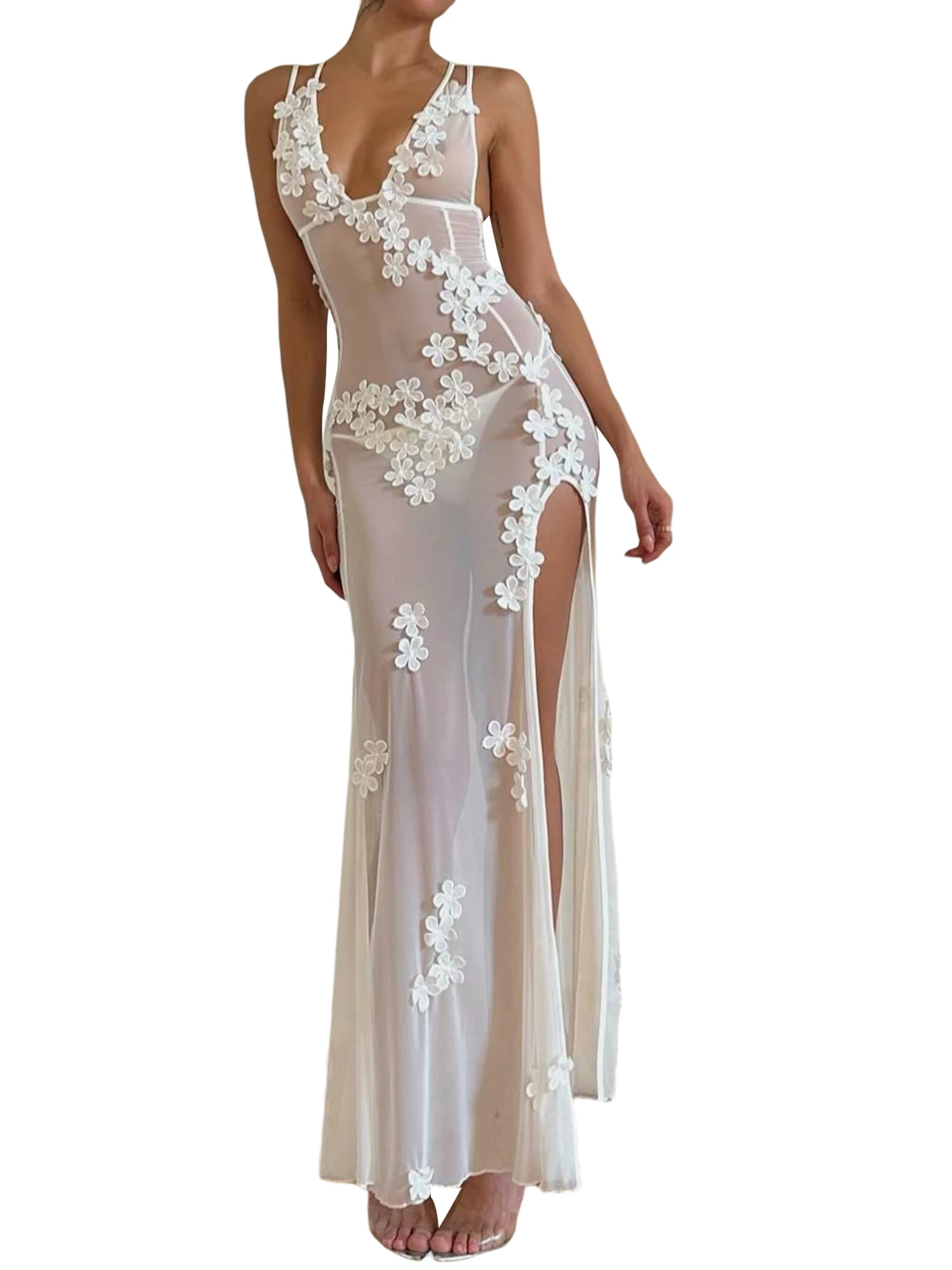 GuliriFei-Robe de Soirée Transparente en Mousseline de Soie pour Femme, Tenue en Maille Transparente, Col en V, Fente Florale 3D, Dos aux