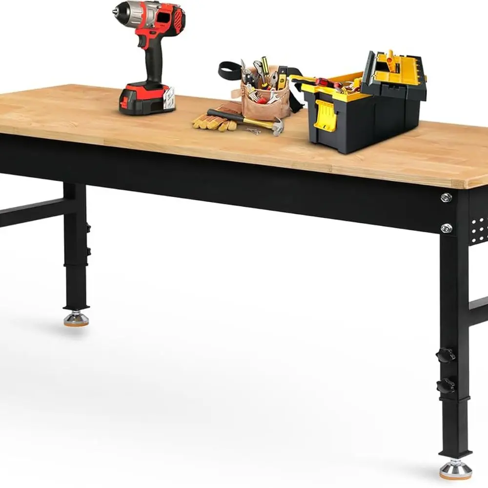 

70" Adjustable Height Workbench, 2000 LBS Heavy Duty Work Table with Power Outlets & Pegboard, Rubber Wood Workstation for Garag