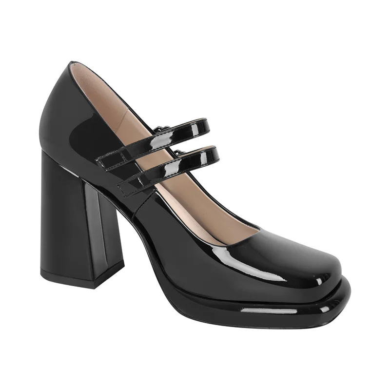 Onlymaker Women Square Toe Mary Jane Buckle Strap Chunky Heel Black Patent Leather Pumps