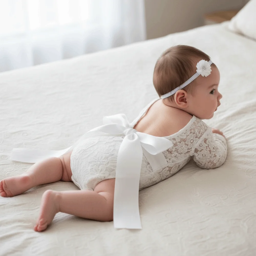 2 قطعة/المجموعة الإبداعية الرضع صور الملابس الجوف الظهر الأزهار الوليد التصوير الدعائم بلون ربطة القوس فيونكة تصميم #5