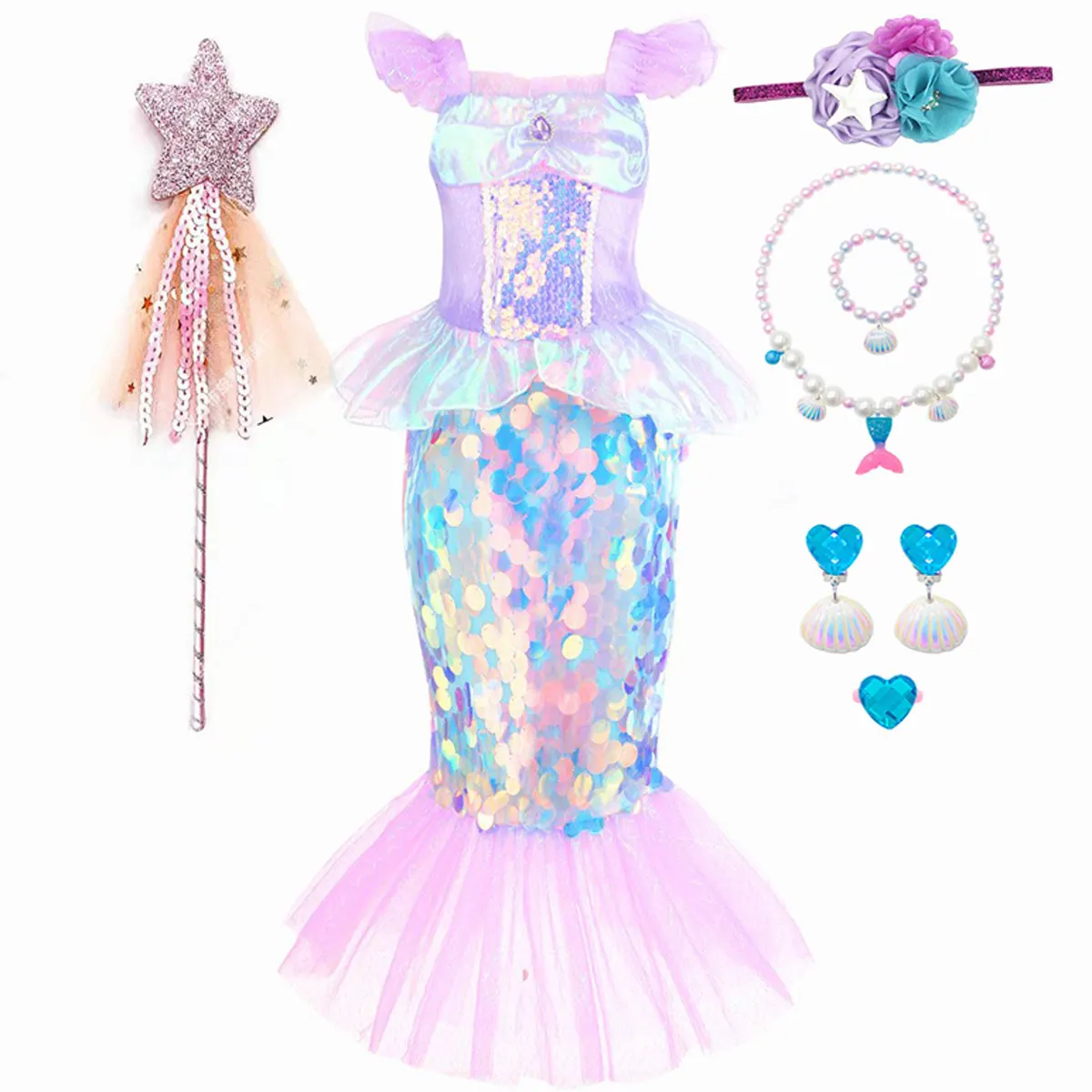 New Little Mermaid Ariel Princess Dress For Girls Short Sleeve Sequins Cosplay Costume Children Carnival Birthday Party Clothes