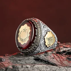 Vintage Turkish Handmade Men Star Moon Ring Brown Large Zircon Ring Middle East Ramadan Rings Men Wedding Band Party Jewelry