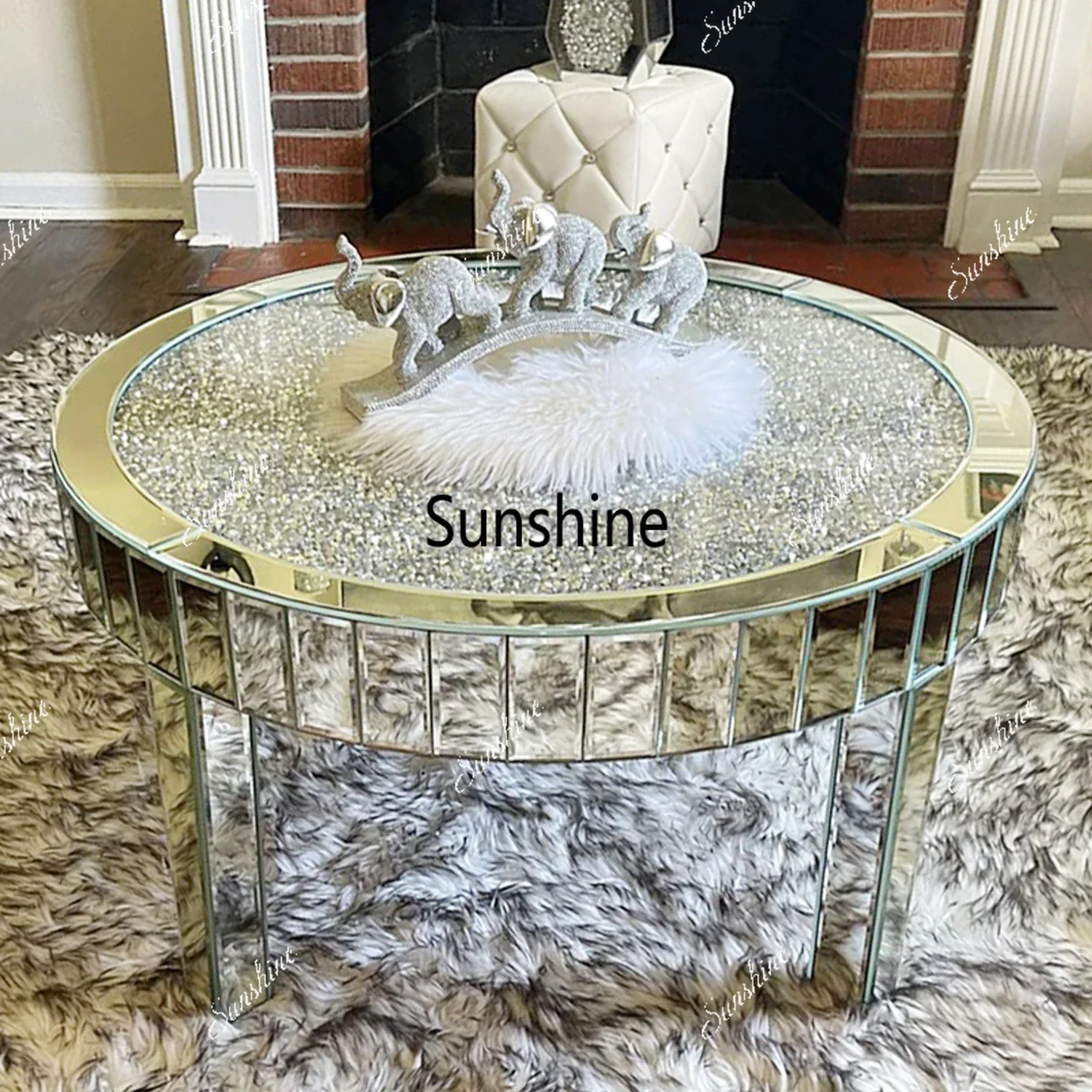 Large Round Mirrored Coffee Table Beveled Bling Crushed Diamond End TableT*