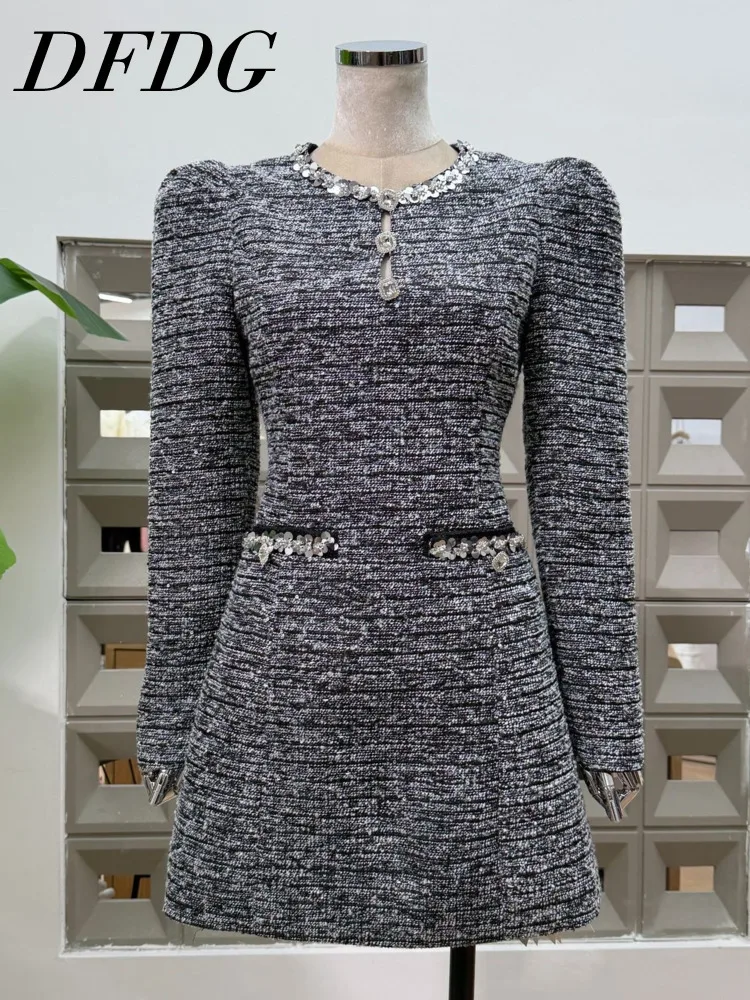 

DFDG 2022, осеннее женское кружевное платье крючком, винтажное коктейльное платье с круглым вырезом и пышными рукавами, украшенное бисером и пайетками