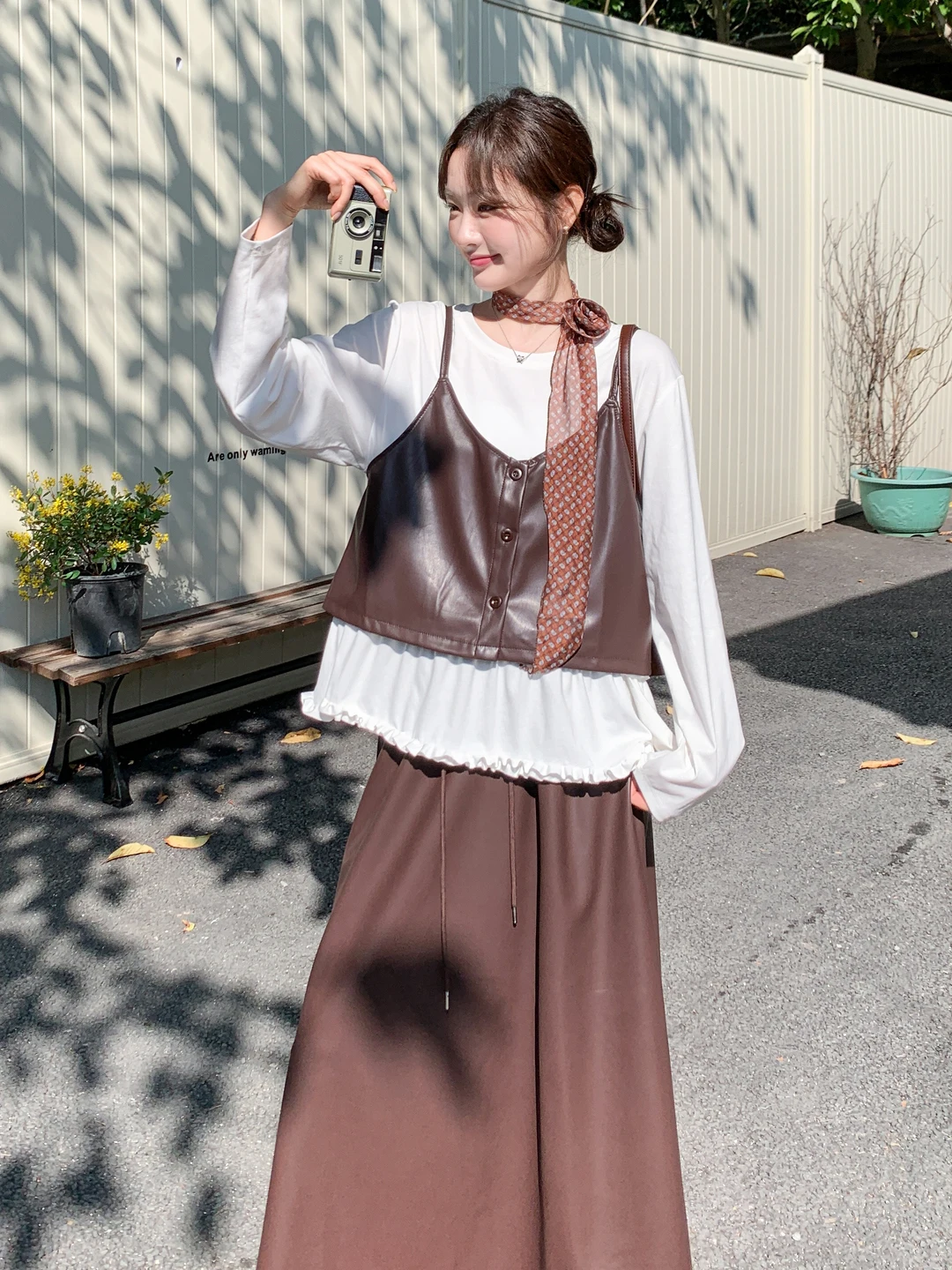 

Retro Long Sleeve T-Shirt Leather Jacket Skirt Set Women's Fashion Layering Three-Piece Suit Spring Autumn High Waist A-Line ...