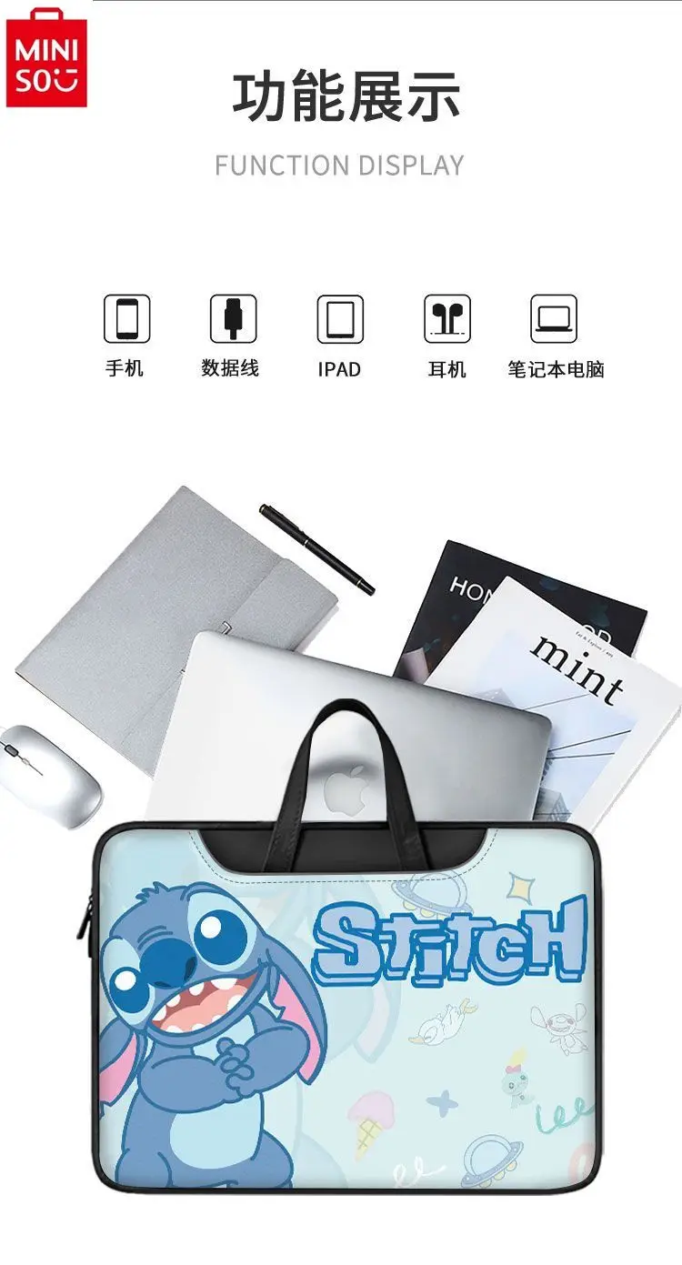 MINISO Disney Cartoon Anime Stitch Laptop Bag Suitable for 15.6air13.3 Student Learning and Storage Handbag