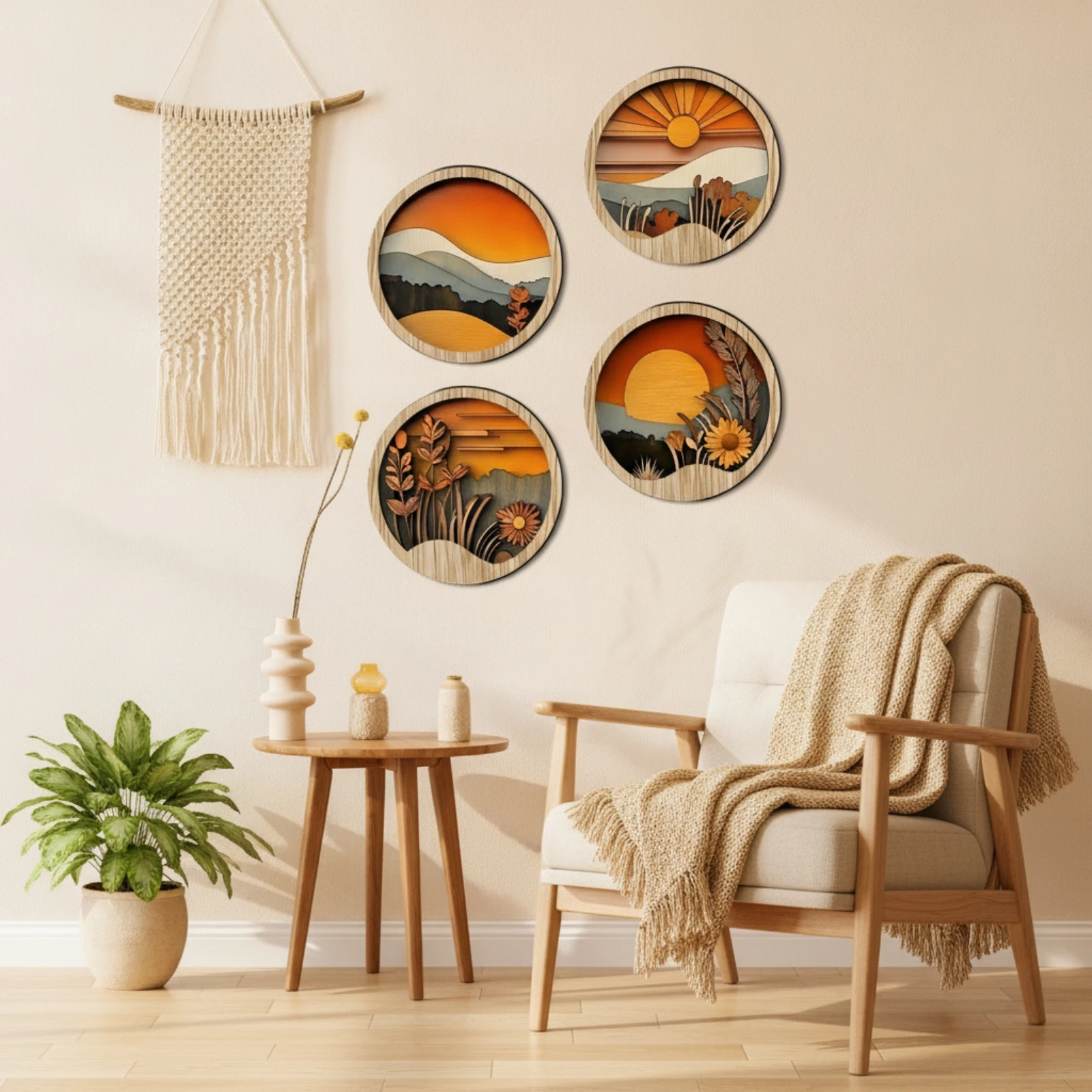 4 Pieces Forest Landscape Wall Decor Sunset Plaque with Landscape Design Wall Plaque Round Wood Panel Nature for Living Room