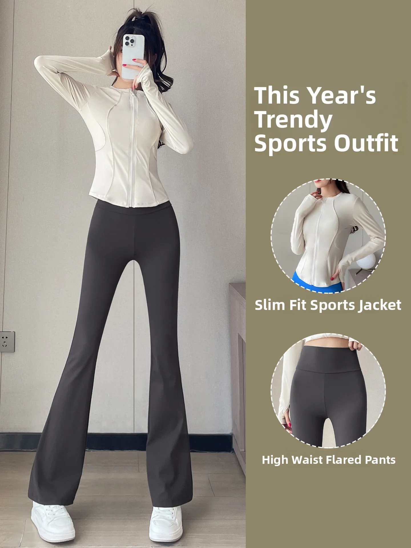 素晴らしいヨガフィットネストレーニングセット レディースピラティスアウターウェア ダンスフレアパンツ ロングスリーブ ラウンドネック ジッパー開閉 ナイロン製