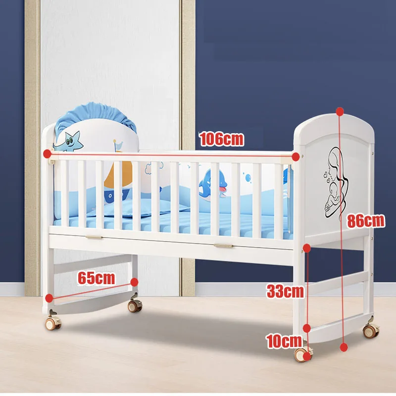 Wood Baby Crib With Mosquito Net And Diaper Table Convert To Kids Bed, Bedding Set, Baby Cot, Bed, Rocker Mattress