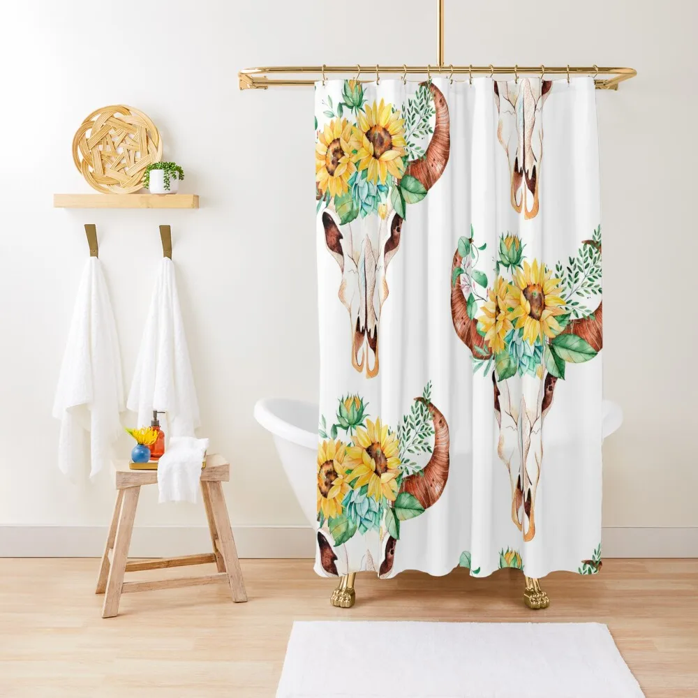 Sunflower bouquet, bull skull, sunflower skull, sunflowers, watercolor, painted sunflowers Shower Curtain Cover Curtain